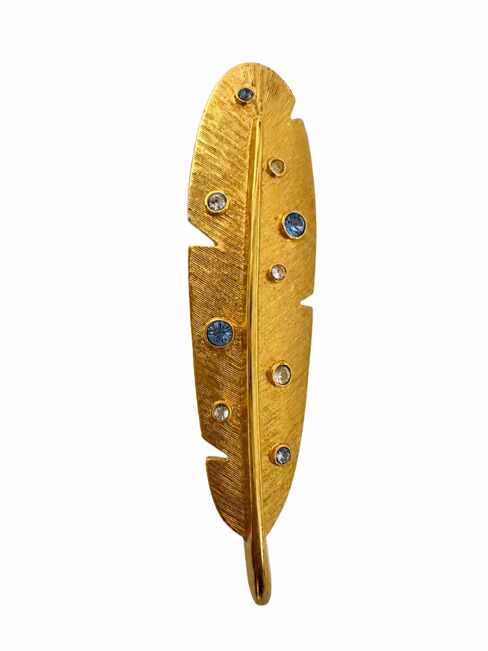 Vintage Monet Feather Brooch Gold Tone Blue Clear Rhinestone Signed Pin